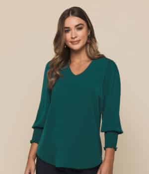 CLEO V NECK SHIRRED CUFF TOP